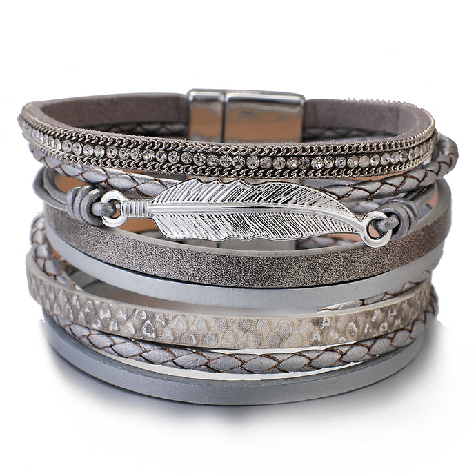 Layered Silver Grey leather Crystal Leaf Charm Magnetic Bracelet