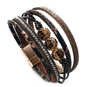 Layered Gold Black leather Leopard Crystal Magnetic Bracelet