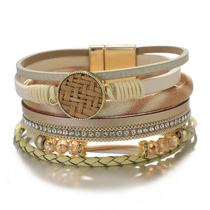 Layered Tri Colour Gold Silver leather Crystal Magnetic Bracelet