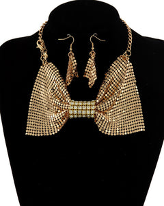 STATEMENT Gold Crystal 2 Way Bow Choker Necklace / Bracelet Set