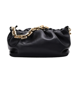 VEGAN LEATHER LARGE Black Chain Lois Clutch Bag Ruched Handbag