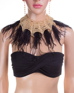 SPECTACULAR Statement Gold Cream Pearl Choker Feather Necklace Set