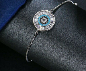 ELEGANT Silver Evil Eye CZ Adjustable Slider Cinch Bracelet