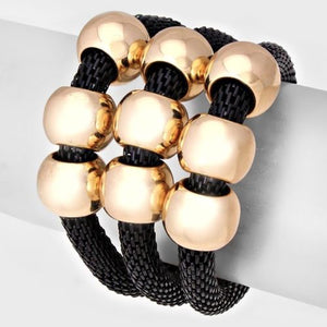 Gold Black Mesh Ring Charm Layered Stretch Bracelet Set