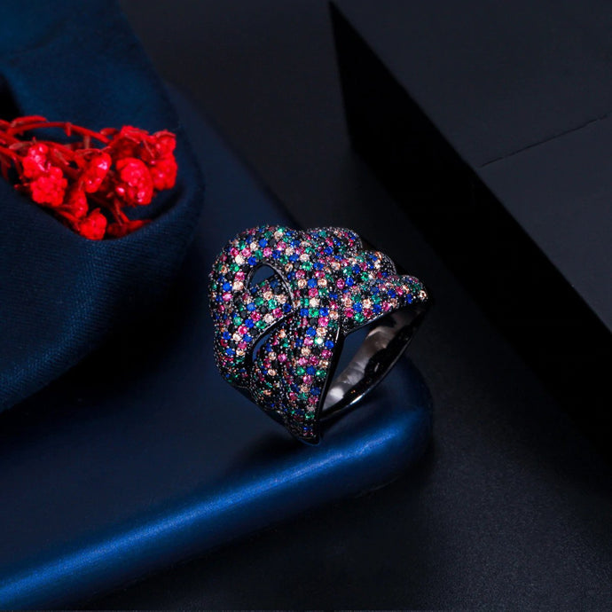 LUXE Elegant Rare Black Multi Colour CZ Adjustable Cocktail Ring