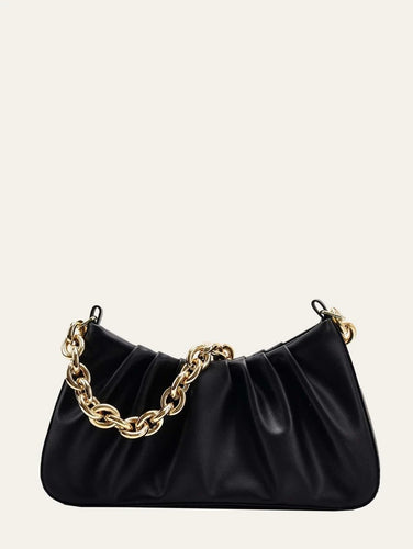 VEGAN LEATHER Ruched Black Bagette Bag Shoulder Elsie Handbag