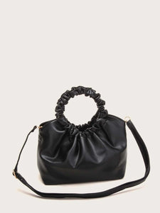 VEGAN LEATHER SMALL Ruched Black Satchel Bag Shoulder Kay Handbag