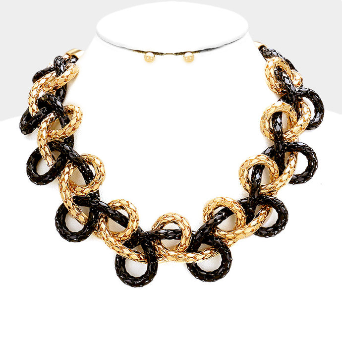 Statement Gold Black Braided Metal Chain Necklace Set