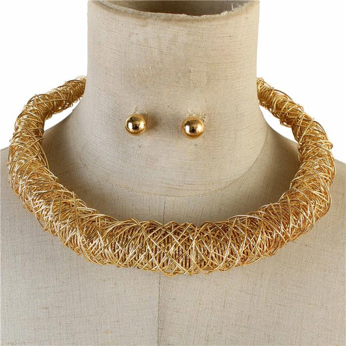 Chunky Gold Wire Wrapped Collar Necklace Set
