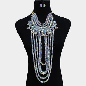 LUXE Rare Statement Gold AB Beaded Long Bib Cocktail Necklace Set