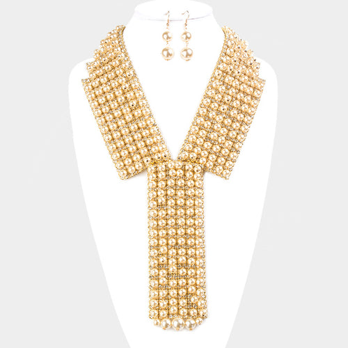 COUTURE Unique Statement Gold Pearl Crystal Collar Y Necklace Set
