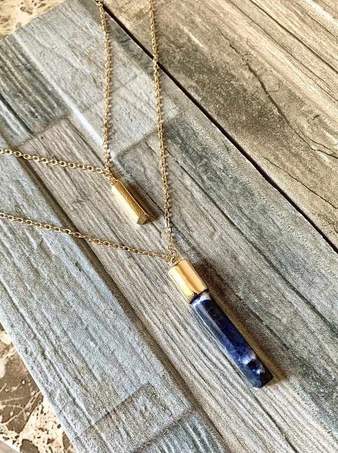 Blue cylinder Natural Stone Double Layered Necklace