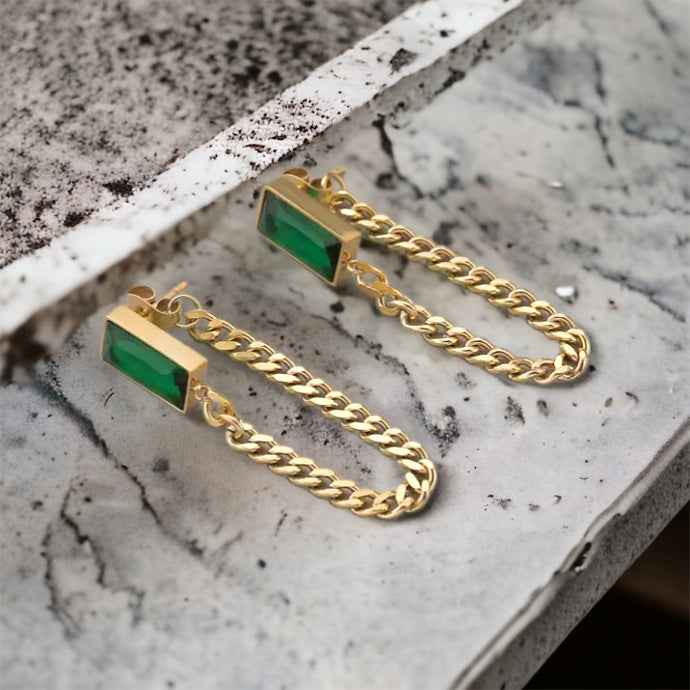 Stainless steel emerald zirconia u chain earrings. Gold.