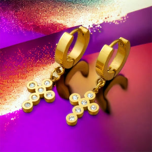 Stainless steel CZ cross huggies. Gold, earrings.