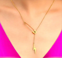 Stainless steel pin & lightening bolt necklace. Gold, waterproof.
