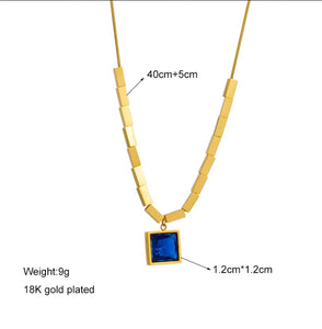 Stainless steel square blue zircon necklace. Gold, waterproof.