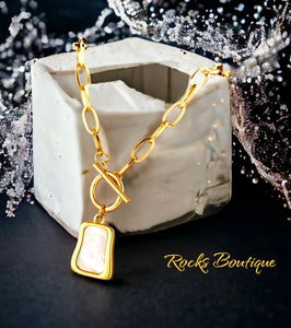 Stainless steel natural shell tag necklace. Gold, waterproof.