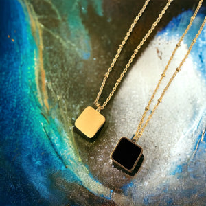 Stainless steel enamel square necklace. Gold, black.