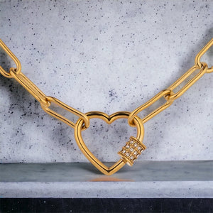 Stainless steel open heart, paper clip chain necklace. Gold.