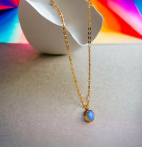 Stainless steel minimalist tiny blue Opal necklace. Gold waterproof.