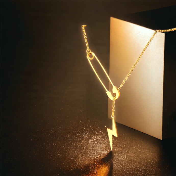 Stainless steel pin & lightening bolt necklace. Gold, waterproof.