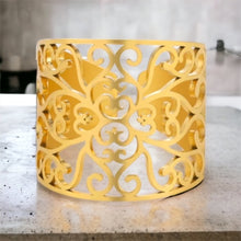 Stainless steel filigree cuff ring. Gold, adjustable.