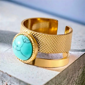 Stainless steel natural turquoise textured cuff ring. Gold, waterproof.