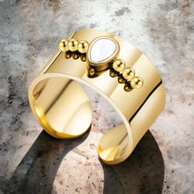 Stainless steel mother of pearl cuff ring. Gold, waterproof.