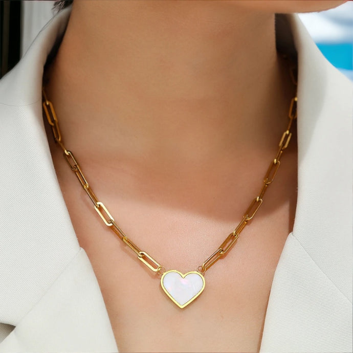 Stainless steel mother of pearl heart paperclip chain necklace.  Gold, waterproof.