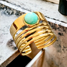 Stainless steel turquoise cuff ring. Gold, adjustable.