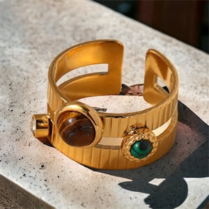 Stainless steel tigers eye, malachite cuff ring. Gold, waterproof.