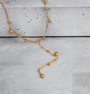 Stainless steel tiny ball Y necklace. Gold, waterproof.