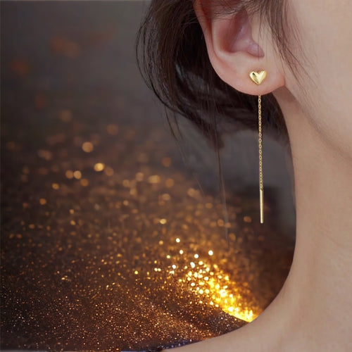 Stainless steel long heart threader earrings. Gold, hypoallergenic.