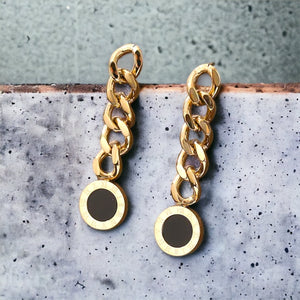 Stainless steel Roman numeral chain earrings. Gold, black.