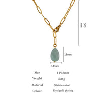 Stainless steel natural stone necklace. Gold, green agate.