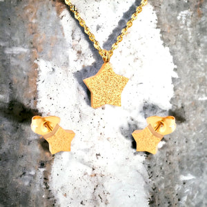 Stainless steel, minimalist sand pressed tiny star necklace set. Gold, waterproof.