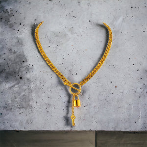 Stainless steel lock & key necklace. Gold, waterproof.