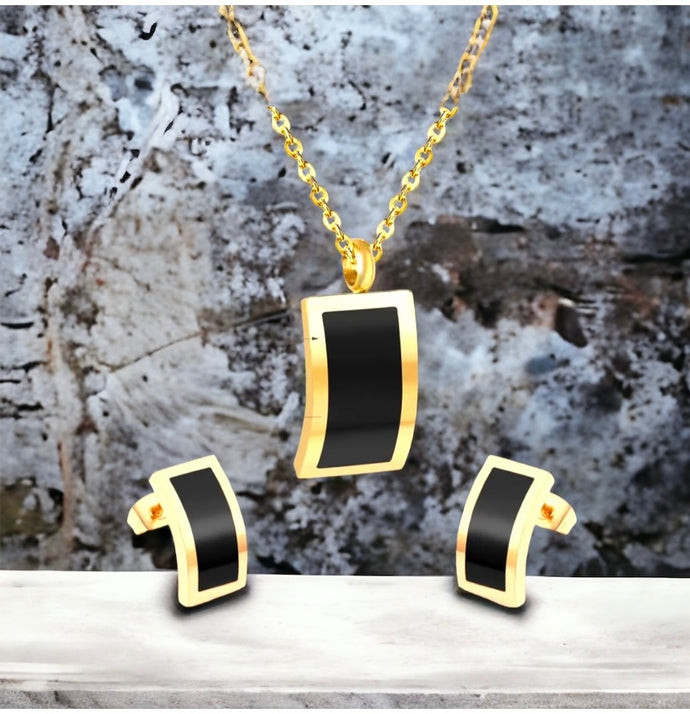 Stainless steel contemporary curved rectangle necklace set. Gold, black .