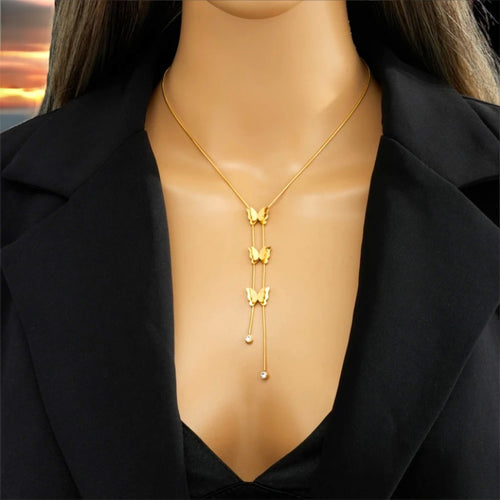 Stainless steel triple butterfly tassel necklace. Gold, fade resistant.