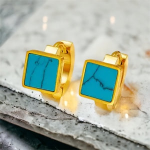 Stainless steel turquoise square stone huggies. Gold, waterproof.