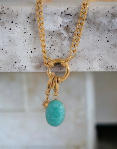 Stainless steel natural stone turquoise necklace. Gold, waterproof.