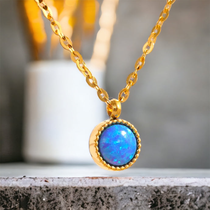 Stainless steel minimalist tiny blue Opal necklace. Gold waterproof.
