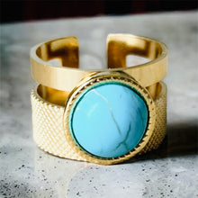 Stainless steel natural turquoise textured cuff ring. Gold, waterproof.