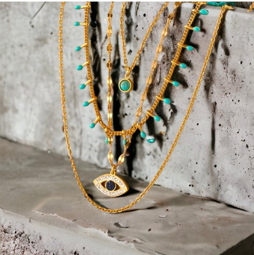 Stainless steel layered turquoise, evil eye necklace. Gold, waterproof.