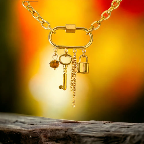 Stainless steel lock & key charm necklace. Gold