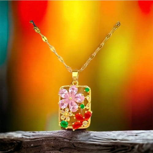 Stainless steel CZ open flower necklace. Gold, multi coloured.