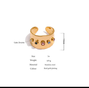 Stainless steel rainbow CZ cuff ring. Gold, adjustable.