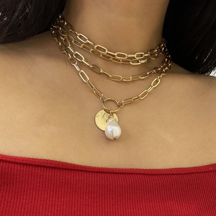 HOT Celeb Statement Gold Multi Chain Layered Pearl Necklace