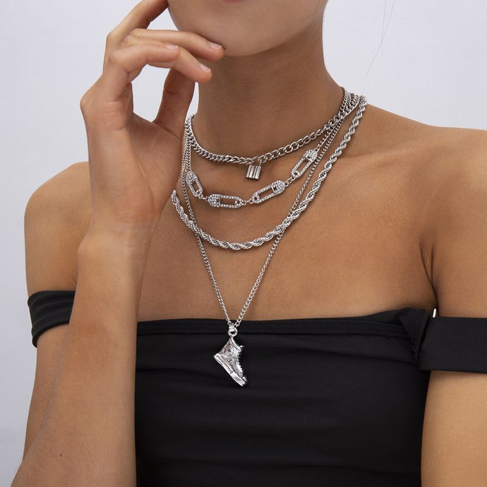 HOT Celeb Silver Chain Layered Crystal Safety Pin Lock Necklace