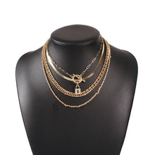HOT Celeb Gold Multi Chain Layered Crystal Lock Charm Necklace